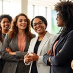 Diverse women in business attire discussing in an office.