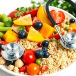 Colorful healthy food with a stethoscope nearby.