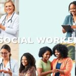 Social workers aiding diverse community members with compassion.