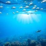 Colorful coral reef teeming with marine life in ocean.