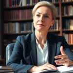 Confident woman in professional attire engaged in discussion.