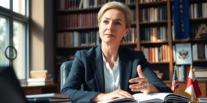 Confident woman in professional attire engaged in discussion.