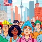 Diverse Canadian workers in urban setting, showing concern.