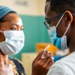 Healthcare worker testing a patient for tuberculosis in clinic.