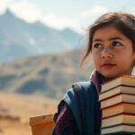Afghan girl with books, longing for education in mountains.