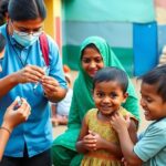 Healthcare workers vaccinating children against polio outdoors.