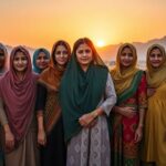 Diverse women in traditional clothing in a conflict zone.