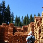 Lumberyard with workers and stacks of timber.