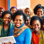 Women and girls celebrating empowerment in vibrant African community.