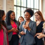 Diverse women collaborating in a bright, modern office space.