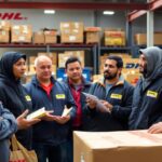 Workers discussing DHL Global Express bargaining updates in a warehouse.