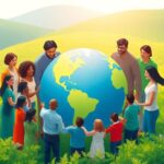 Diverse people working together around a globe in nature.