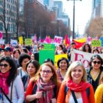 Diverse crowd marching in Toronto for International Women's Day.
