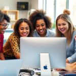 Diverse women collaborating in a modern tech workspace.