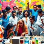 Diverse individuals enjoying arts and science together.