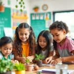 Students collaborating in a classroom focused on sustainable education.