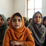 Afghan girls in classroom, expressing determination for education.
