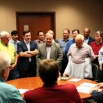 Union members in serious discussion during emergency meeting.