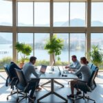 Scenic workspace at Bellagio Center with lake view.