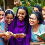 Diverse women and girls collaborating in a supportive environment.