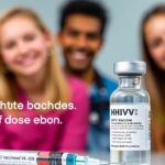 Vaccine vial and syringe with smiling young adults.