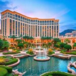 Bellagio Center gardens with serene water and elegant architecture.