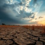 Barren field with cracked soil and withered crops.