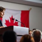 Lana Payne addressing a crowd with a Canadian flag behind.