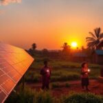 Solar panels in an African landscape with families using lights.