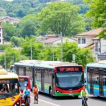 Diverse public transport options in a bustling city scene.