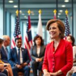 Lana Payne in a conference room with trade leaders.