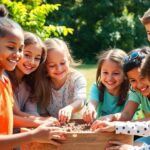 Children learning outdoors, enjoying collaborative educational activities.