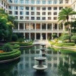 Bellagio Center with gardens and water features under sunlight.