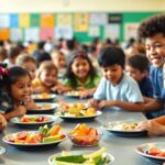 Diverse students enjoying healthy meals in a cafeteria.