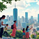 Diverse people collaborating in a vibrant city environment.