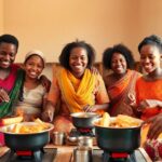 Happy families cooking with clean stoves in vibrant kitchens.