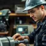Skilled trades worker using tools in a workshop.