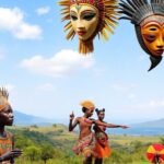 Collage of traditional African art and cultural performances.