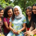 Diverse women collaborating on sustainable climate initiatives outdoors.