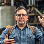 Union leader advocating against tariffs in industrial setting.