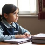 Young Afghan girl at a desk, focused on education.