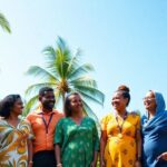 Diverse leaders discussing energy access in a tropical setting.