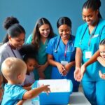 Diverse nurses engaging with children in a health workshop.