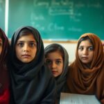 Afghan girls in classroom expressing hope and concern.