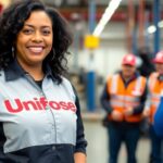 Unifor leader Lanampayne at Canadian automotive plant with workers.