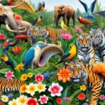 Diverse wildlife in lush greenery celebrating biodiversity.