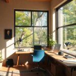 Cozy workspace with nature views for creative inspiration.