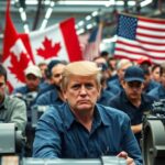 Workers in factories with flags of Canada and U.S.