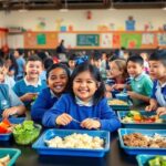Children enjoying healthy meals in a school cafeteria.