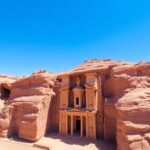 Aerial view of Petra's rock-cut architecture and landscape.